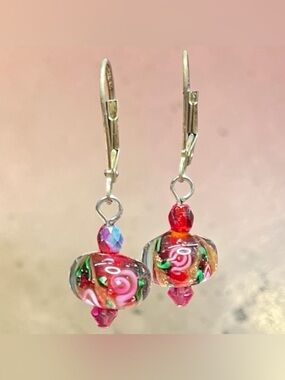 Lampwork Glass Floral Drop Earrings Red Pink Bead Dangle